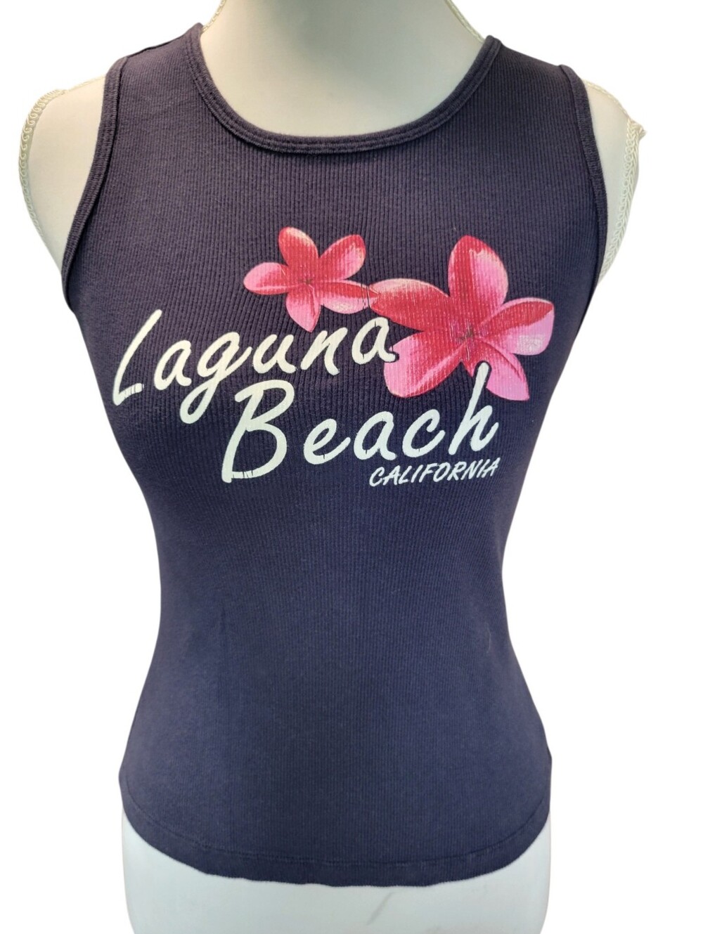 Y2K Mossimo Navy Blue Tank Top With Laguna Beach Floral Graphic Print